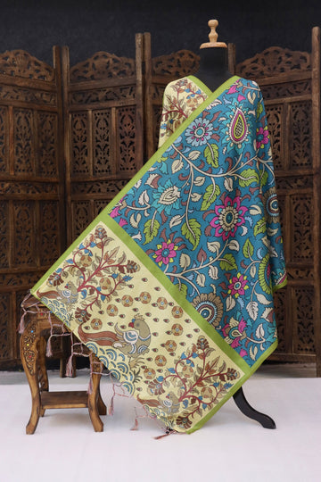 Teal Blue Malai Silk Dupatta with Floral Vine & Bird Motif Border – Handcrafted Folk Art Elegance