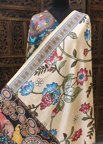 Ivory & Teal Malai Silk Dupatta with Floral Vine Body & Folk Animal Art Border – Handcrafted Ethnic Elegance