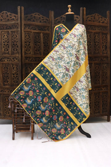 Ivory Malai Silk Dupatta with Multicolor Floral Jaal & Bottle Green Kalamkari-Style Pallu – Festive Handcrafted Elegance