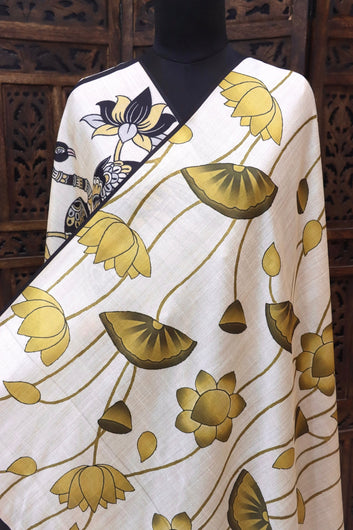 Ivory Malai Silk Dupatta with Mustard Floral Flow & Kalamkari Bird Pallu – Elegant Handcrafted Ethnic Accent