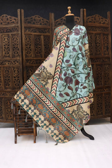 Mint Blue Malai Silk Dupatta with Floral Vines, Chevron Borders & Kalamkari Owl Motifs – Elegant Ethnic Statement Piece