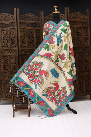 Ivory Malai Silk Dupatta with Turquoise Border & Twin Bird Kalamkari Motifs – Handcrafted Floral Ethnic Elegance