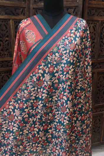 Bottle Green & Rust Malai Silk Dupatta with Floral Jaali Print & Kalamkari Border – Elegant Handcrafted Ethnic Drape