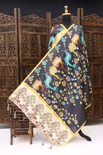 Charcoal Grey Malai Silk Dupatta with Tribal Deer & Floral Print Border – Elegant Folk Art Ethnic Stole