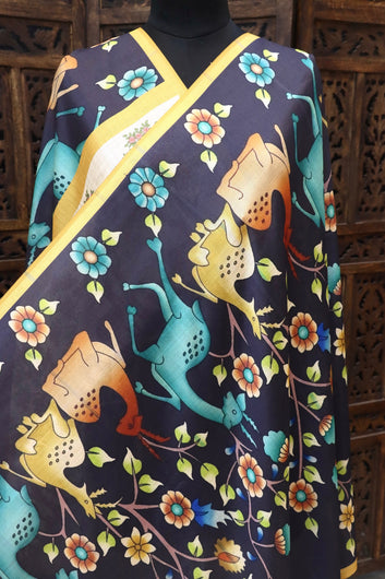 Charcoal Grey Malai Silk Dupatta with Tribal Deer & Floral Print Border – Elegant Folk Art Ethnic Stole
