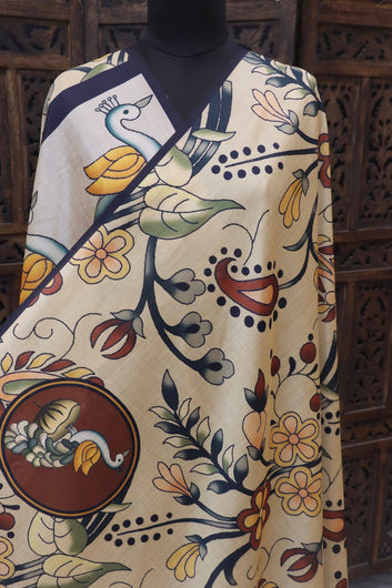 Ivory Beige Malai Silk Dupatta with Peacock Motifs & Floral Folk Art Pallu – Handcrafted Style Ethnic Dupatta