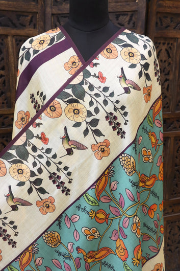 Ivory & Aqua Malai Silk Dupatta with Floral Vine & Bird Motifs – Soft Ethnic Printed Dupatta with Tassels