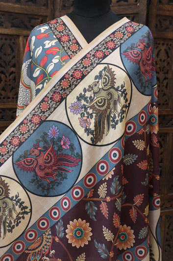 Maroon & Slate Blue Malai Silk Dupatta with Peacock Medallions & Floral Folk Print – Elegant Handcrafted Style Dupatta