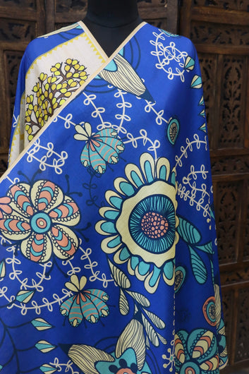 Royal Blue Malai Silk Dupatta with Peacock Tree & Floral Art Print – Designer Ethnic Dupatta with Tassels