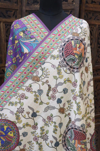 Ivory & Royal Purple Malai Silk Dupatta with Folk Art Medallions & Tribal Border – Designer Ethnic Dupatta with Tassels