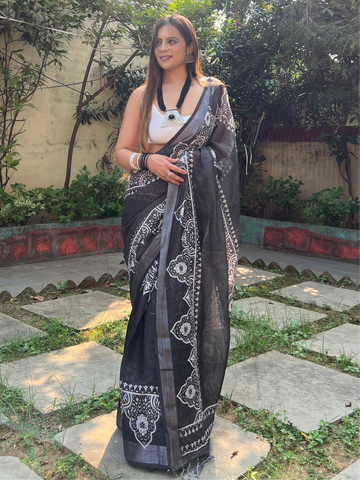 Black and White Pure Cotton Linen Saree with Intricate Floral Design and Tassels on Edges
