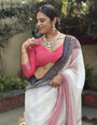 Elegant White and Pink Pure Linen Digital Printed Saree with Black Border, Tassels, and Blouse Piece – Intricate Floral and Geometric Design
