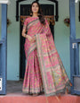 Rani Pink Handloom Cotton Saree with Yellow Floral Print & Royal Horse Pallu