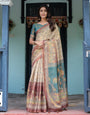 Beige Teal Handloom Cotton Saree with Diamond Buti Print & Enchanted Deer Forest Pallu
