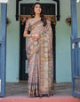Mauve Beige Handloom Cotton Saree with Pastel Floral Print & Royal Tree-Elephant Pallu