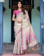 Lavender Beige Handloom Cotton Saree with Floral Vine Print & Majestic Peacock Pallu