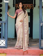 Beige Mauve Handloom Cotton Saree with Subtle Ramayan Print and Heritage Motif Pallu
