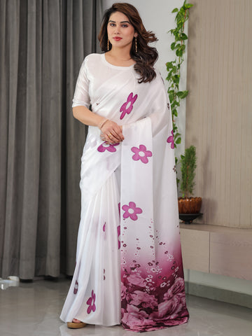 Pearl White Satin Georgette Ombre Floral Printed Saree with Attached Blouse – Elegant Rose Print Designer Saree for Festive & Party Wear