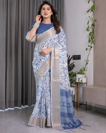 Sky Blue & White Handloom Linen Saree with Floral Vine Print, Geometric Pallu & Zari Border | 5.5m Saree + 0.8m Blouse