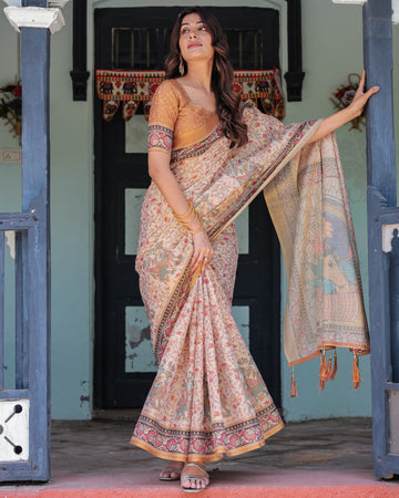 Beige & Maroon Handloom Cotton Saree with Floral Vine Print & Mythical Madhubani Cow Pallu