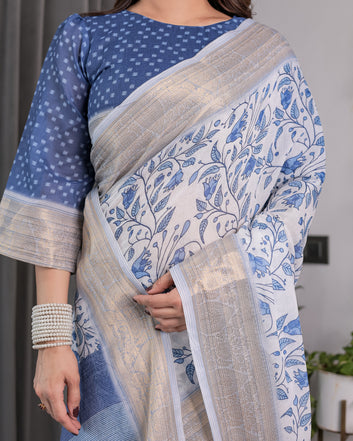 Sky Blue & White Handloom Linen Saree with Floral Vine Print, Geometric Pallu & Zari Border | 5.5m Saree + 0.8m Blouse