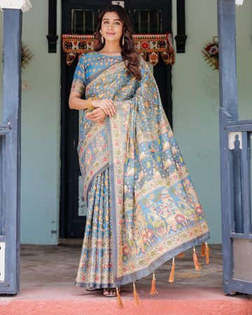 Divine Blue Handloom Cotton Saree with Shankh & Krishna Pallu Motifs – Temple Border & Tassels