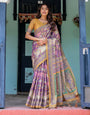 Royal Violet Handloom Cotton Saree with Cow Motifs & Temple Pallu Art
