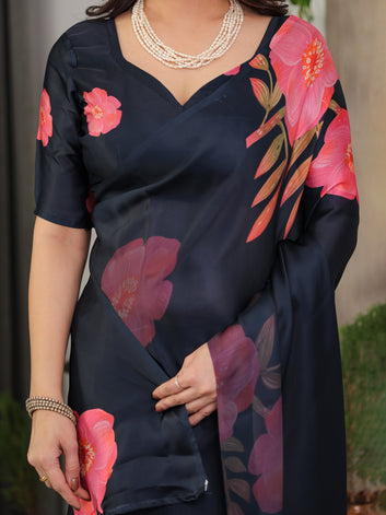 Midnight Navy Blue Satin Georgette Floral Printed Saree with Attached Blouse – Elegant Rose Bloom Designer Drape