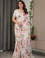 Ivory White Satin Georgette Floral Printed Saree with Multicolor Botanical Design & Attached Blouse – Soft Elegant Designer Drape