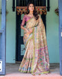 Ivory & Violet Handloom Cotton Saree with Royal Procession & Tree of Life Pallu
