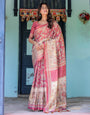 Maroon Rose Pink Handloom Cotton Saree with Traditional Procession Print & Floral Vine Motifs