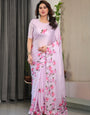 Blush Pink Satin Georgette Floral Printed Saree with Attached Blouse – Soft Cherry Blossom Designer Drape