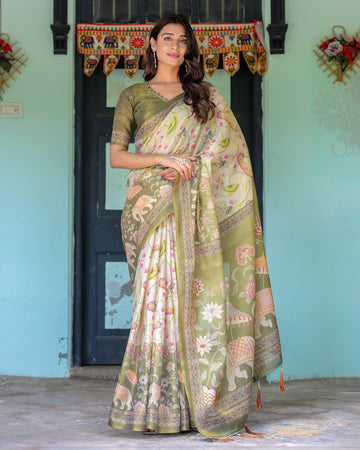 Olive Green & Ivory Handloom Cotton Saree with Lotus Blooms and Royal Elephant Motifs
