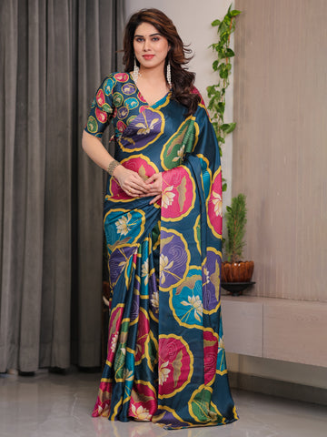 Teal Blue Satin Georgette Lotus Medallion Printed Saree with Attached Blouse – Multicolour Floral Designer Drape
