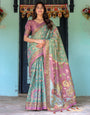 Aqua Green & Lilac Handloom Cotton Saree with Floral Vine Print & Majestic Bird Pallu