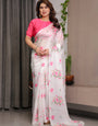 Ivory White Satin Georgette Floral Printed Saree with Pink Blouse – Soft Blossom Designer Drape