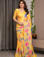 Mustard Yellow Satin Georgette Floral Printed Saree with Attached Blouse – Vibrant Garden Bloom Designer Drape