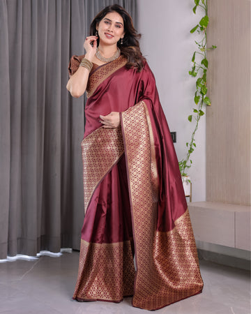 Wine Brown Pure Kanjivaram Silk Saree with Antique Gold Jacquard Border & Designer Blouse | 5.5m Saree + 0.8m Blouse Piece