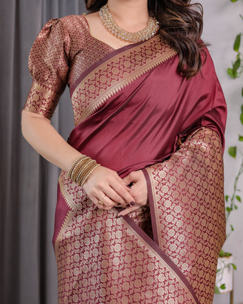 Wine Brown Pure Kanjivaram Silk Saree with Antique Gold Jacquard Border & Designer Blouse | 5.5m Saree + 0.8m Blouse Piece