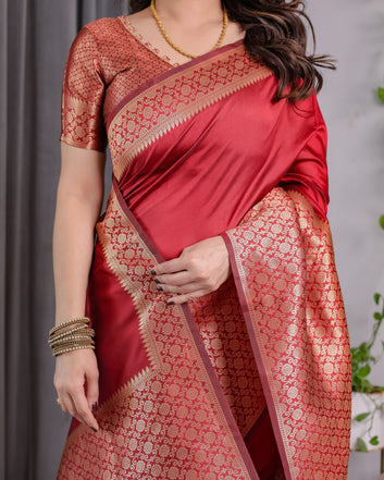 Brick Red Pure Kanjivaram Silk Saree with Golden Jacquard Weaving & Designer Blouse | 5.5m Saree + 0.8m Blouse Piece