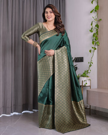 Bottle Green Pure Kanjivaram Silk Saree with All-Over Golden Jacquard Weaving & Designer Blouse | 5.5m Saree + 0.8m Blouse Piece