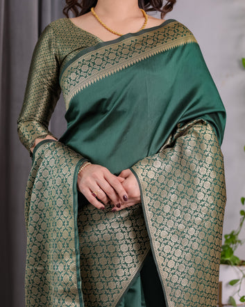 Bottle Green Pure Kanjivaram Silk Saree with All-Over Golden Jacquard Weaving & Designer Blouse | 5.5m Saree + 0.8m Blouse Piece