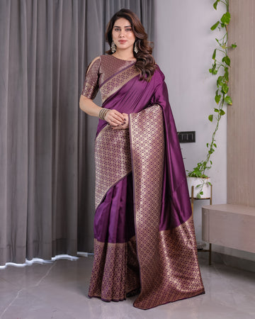 Plum Purple Pure Kanjivaram Silk Saree with Antique Gold Jacquard Pallu & Designer Blouse | 5.5m Saree + 0.8m Blouse Piece
