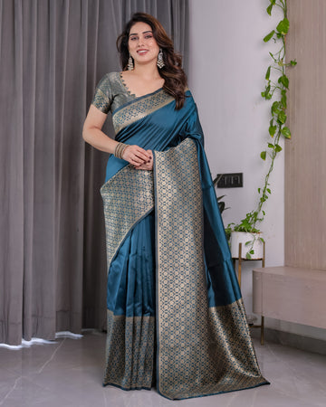 Teal Blue Pure Kanjivaram Silk Saree with Gold Woven Jacquard Border & Designer Blouse | 5.5m Saree + 0.8m Blouse Piece