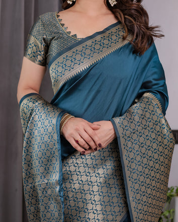 Teal Blue Pure Kanjivaram Silk Saree with Gold Woven Jacquard Border & Designer Blouse | 5.5m Saree + 0.8m Blouse Piece