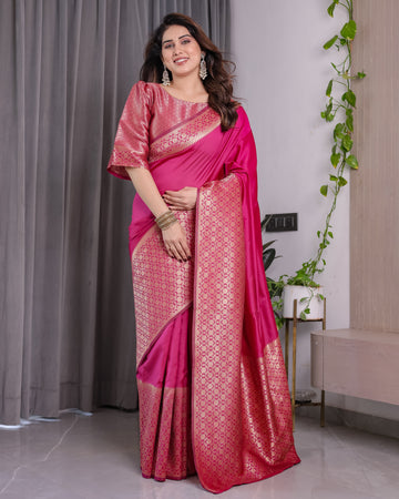 Pink Pure Kanjivaram Silk Saree with Gold Jacquard Border & Rich Woven Pallu | 5.5m Saree + 0.8m Designer Blouse Piece