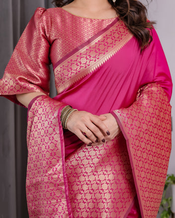Pink Pure Kanjivaram Silk Saree with Gold Jacquard Border & Rich Woven Pallu | 5.5m Saree + 0.8m Designer Blouse Piece