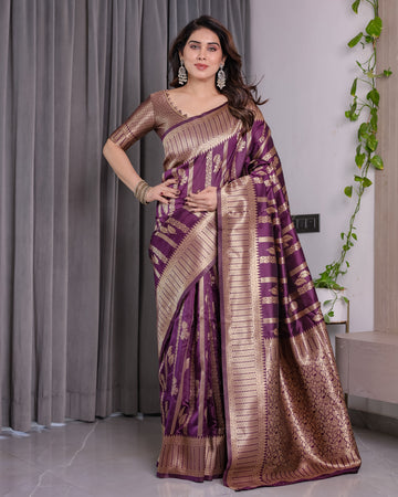 Majestic Purple Pure Kanjivaram Silk Saree with Gold Zari Striped Pallu & Traditional Brocade Border | 5.5m Saree + 0.8m Blouse