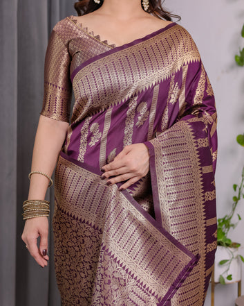 Majestic Purple Pure Kanjivaram Silk Saree with Gold Zari Striped Pallu & Traditional Brocade Border | 5.5m Saree + 0.8m Blouse