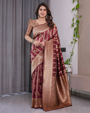 Maroon Pure Kanjivaram Silk Saree with Gold Zari Striped Floral Pallu & Broad Border | 5.5m Saree + 0.8m Jacquard Blouse Piece
